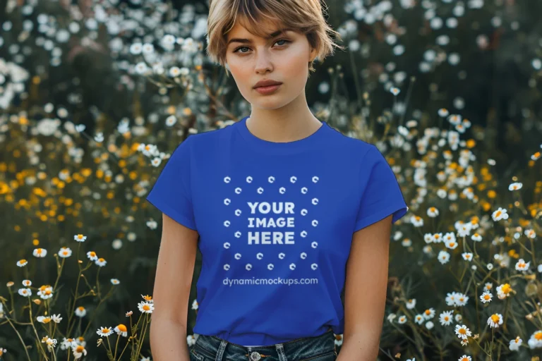 Woman Wearing Dark Blue T-shirt Mockup Front View Template