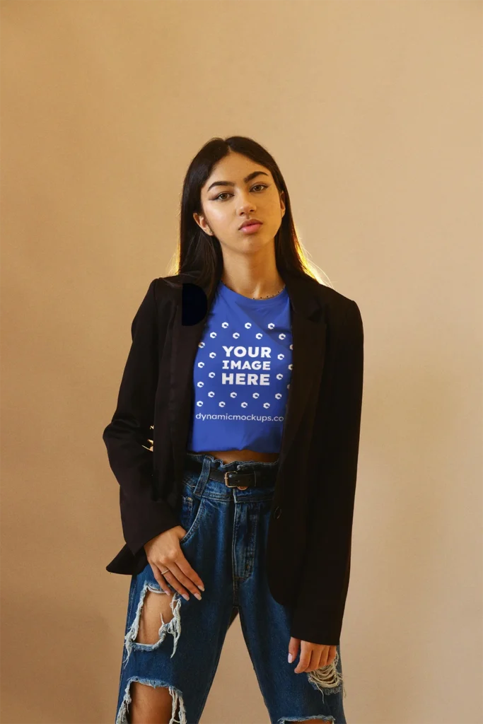 Woman Wearing Dark Blue T-shirt Mockup Front View Template