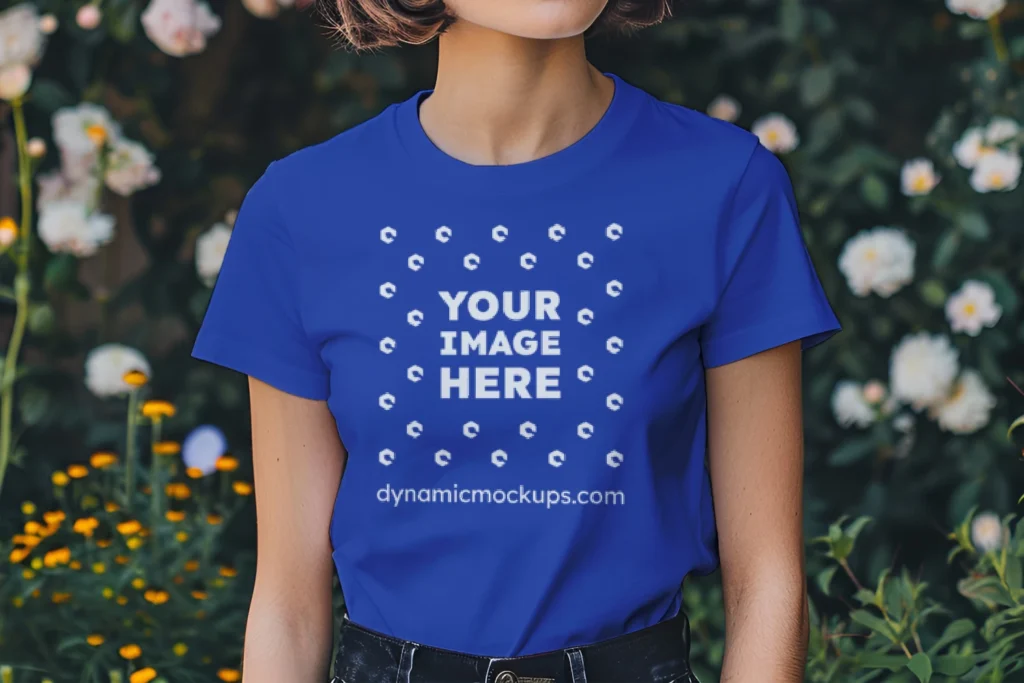 Woman Wearing Dark Blue T-shirt Mockup Front View Template