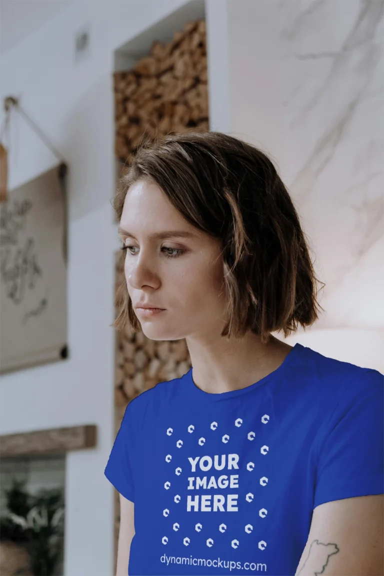 Woman Wearing Dark Blue T-shirt Mockup Front View Template