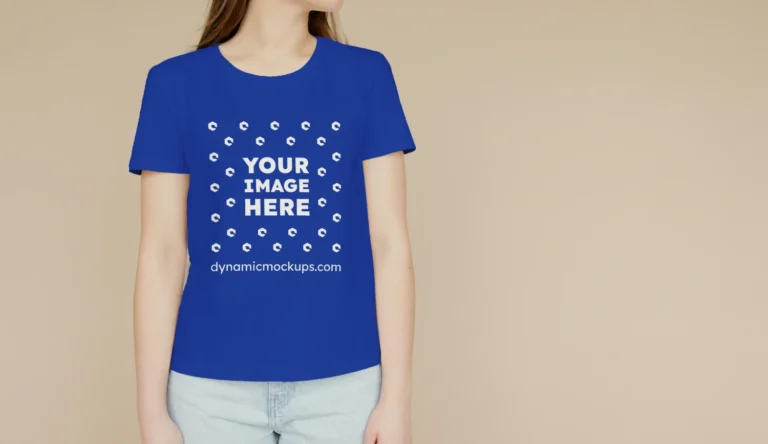 Woman Wearing Dark Blue T-shirt Mockup Front View Template