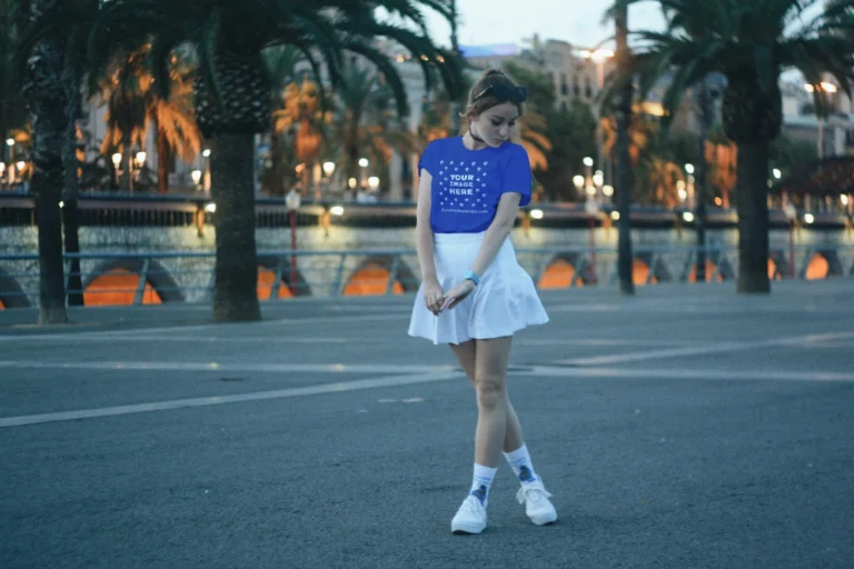 Woman Wearing Dark Blue T-shirt Mockup Front View Template