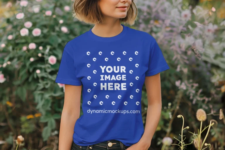 Woman Wearing Dark Blue T-shirt Mockup Front View Template