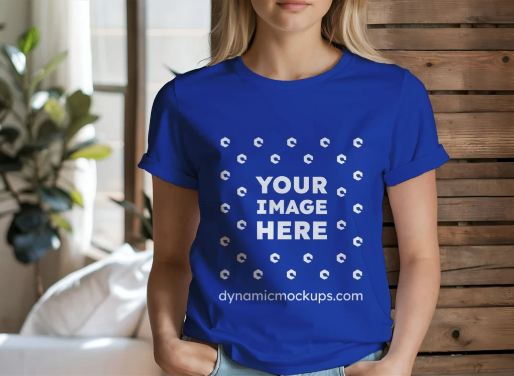 Woman Wearing Dark Blue T-shirt Mockup Front View Template