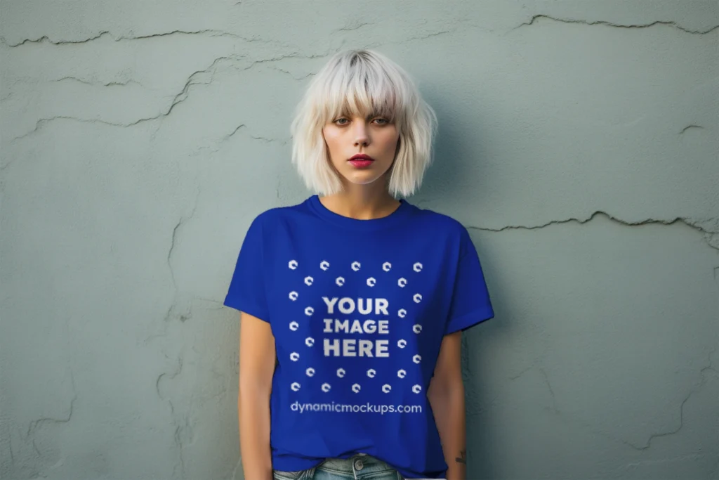 Woman Wearing Dark Blue T-shirt Mockup Front View Template