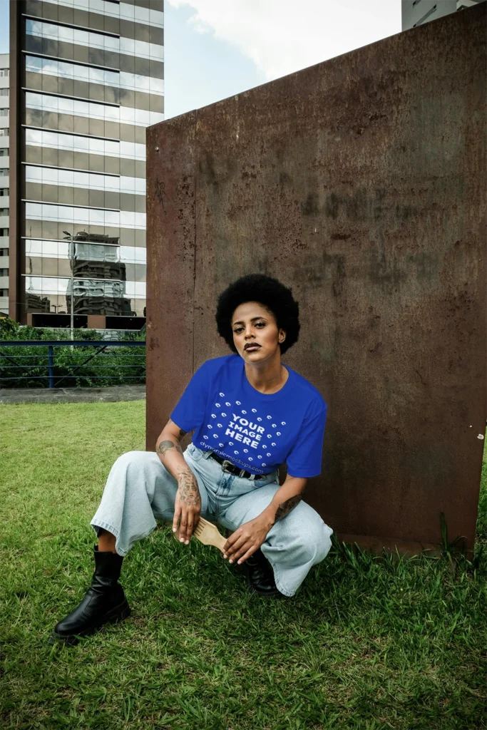 Woman Wearing Dark Blue T-shirt Mockup Front View Template