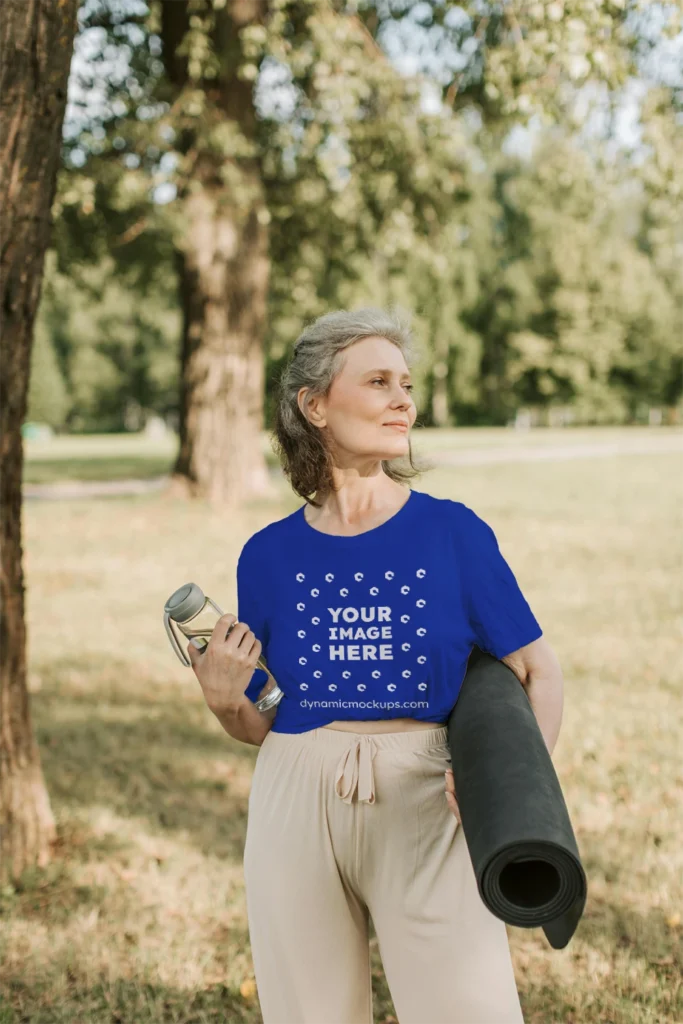 Woman Wearing Dark Blue T-shirt Mockup Front View Template