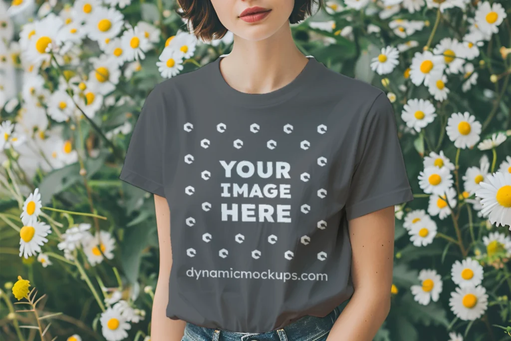 Woman Wearing Dark Gray T-shirt Mockup Front View Template