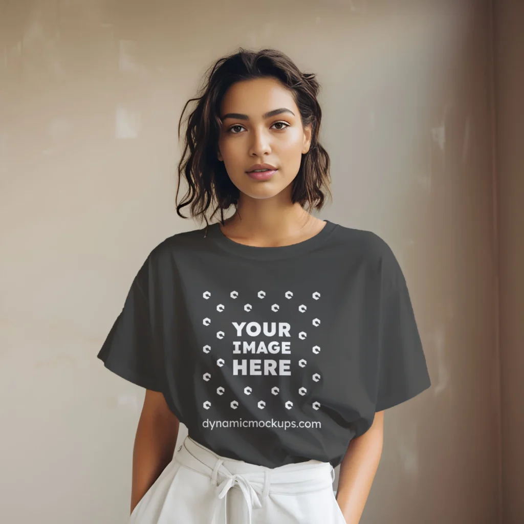 Woman Wearing Dark Gray T-shirt Mockup Front View Template