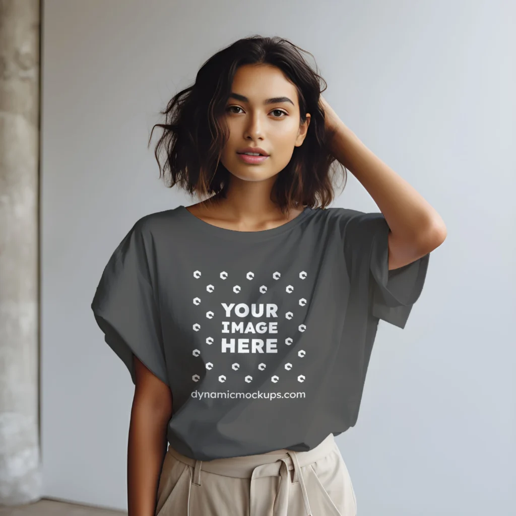 Woman Wearing Dark Gray T-shirt Mockup Front View Template