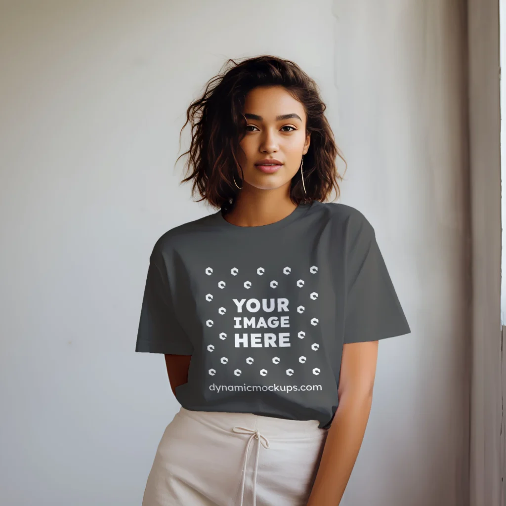 Woman Wearing Dark Gray T-shirt Mockup Front View Template