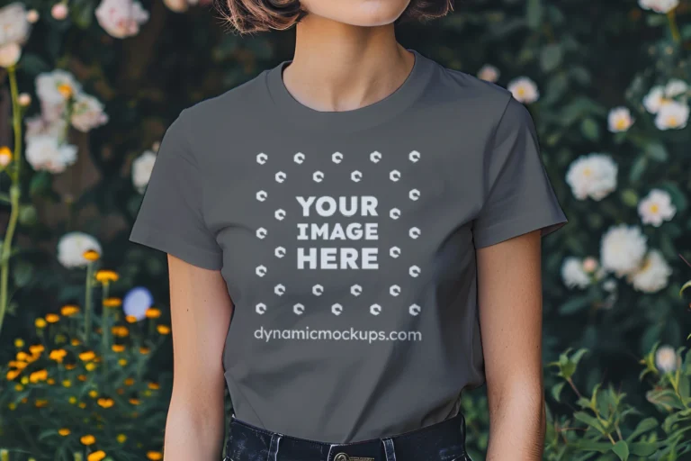 Woman Wearing Dark Gray T-shirt Mockup Front View Template