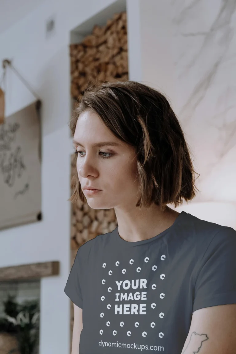 Woman Wearing Dark Gray T-shirt Mockup Front View Template