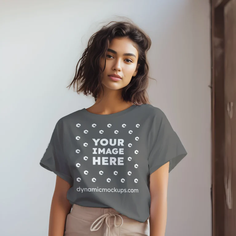 Woman Wearing Dark Gray T-shirt Mockup Front View Template