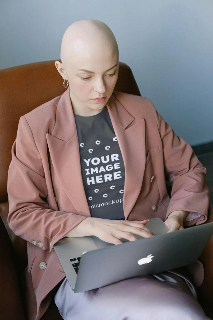 Woman Wearing Dark Gray T-shirt Mockup Front View Template