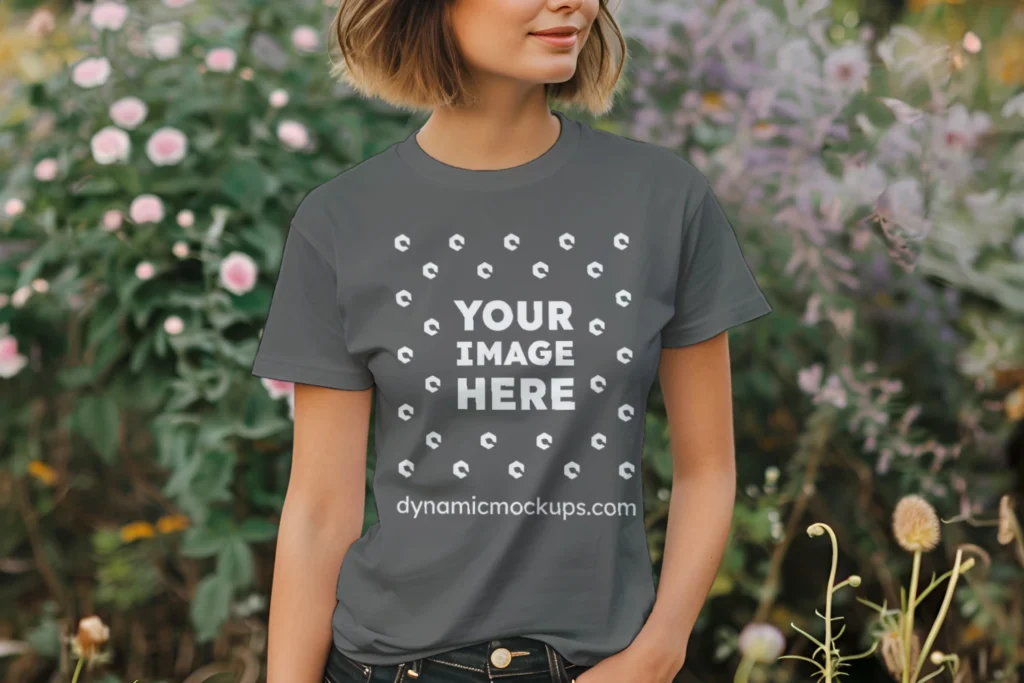 Woman Wearing Dark Gray T-shirt Mockup Front View Template