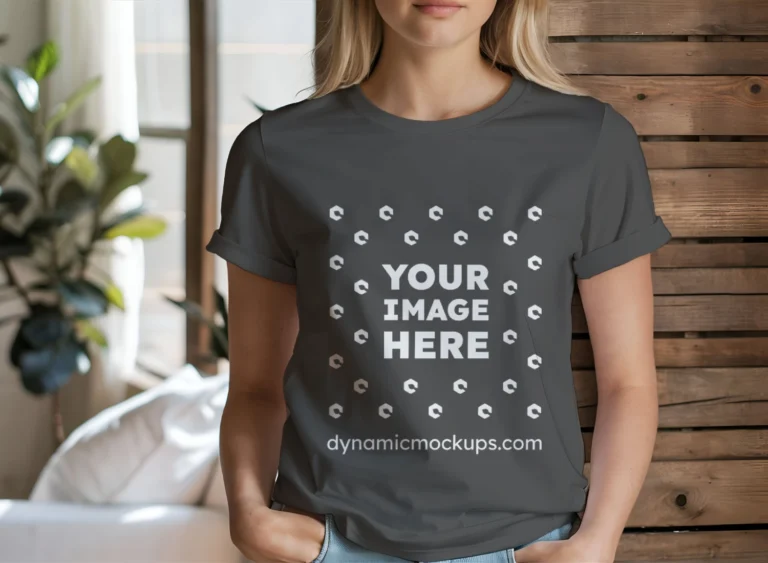 Woman Wearing Dark Gray T-shirt Mockup Front View Template