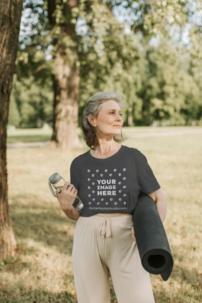 Woman Wearing Dark Gray T-shirt Mockup Front View Template