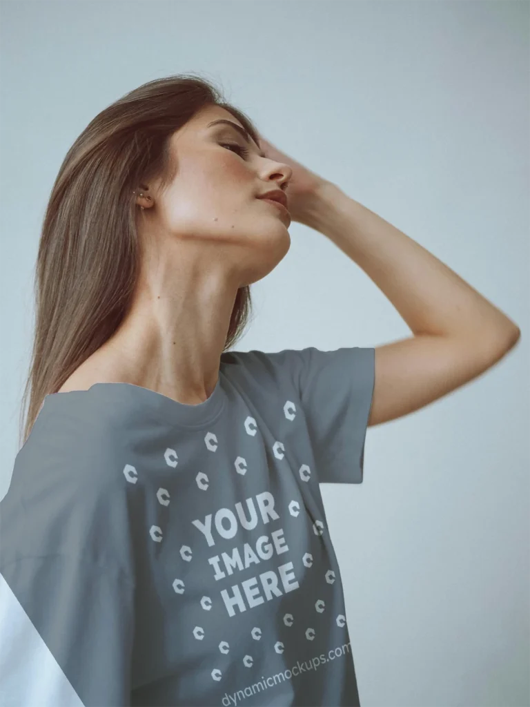 Woman Wearing Gray T-shirt Mockup Front View Template