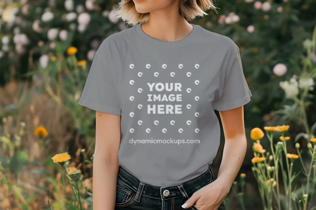 Woman Wearing Gray T-shirt Mockup Front View Template