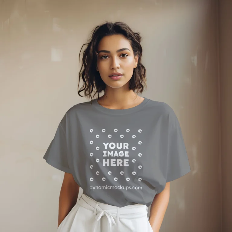 Woman Wearing Gray T-shirt Mockup Front View Template