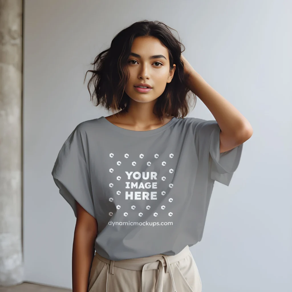 Woman Wearing Gray T-shirt Mockup Front View Template