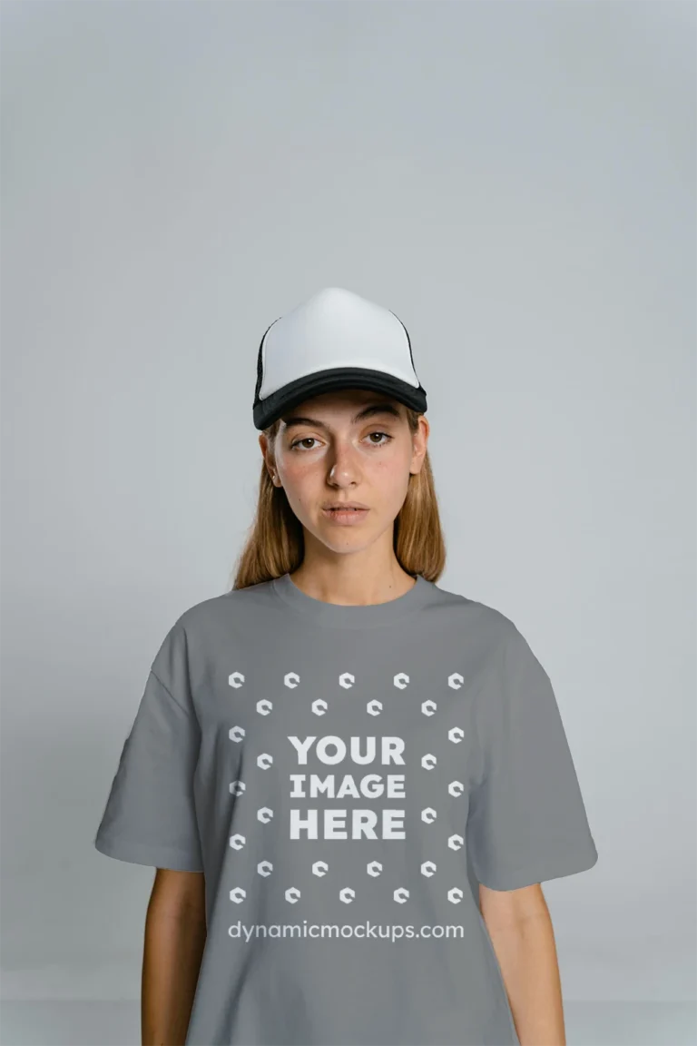 Woman Wearing Gray T-shirt Mockup Front View Template