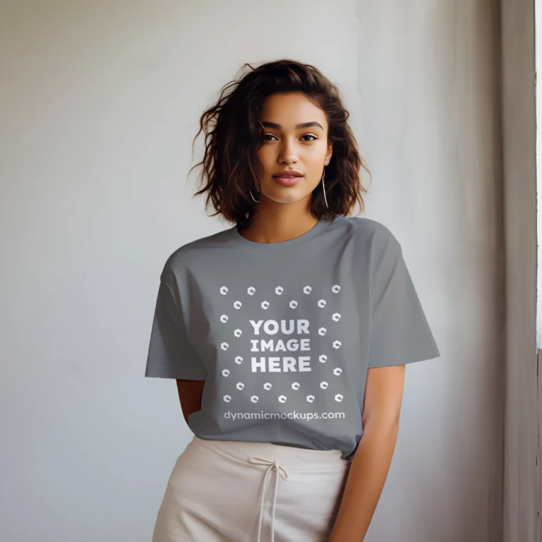 Woman Wearing Gray T-shirt Mockup Front View Template