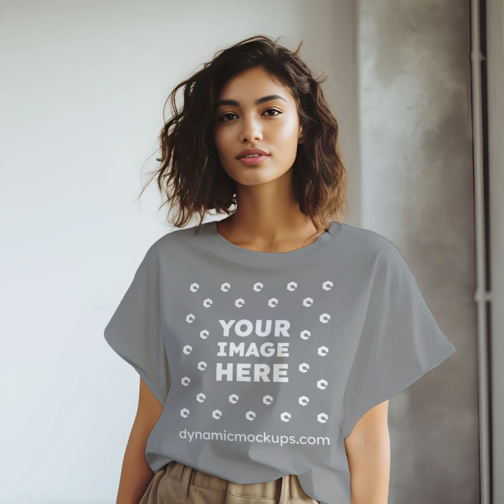 Woman Wearing Gray T-shirt Mockup Front View Template