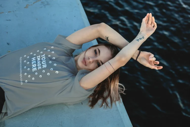 Woman Wearing Gray T-shirt Mockup Front View Template