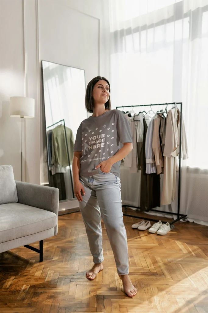 Woman Wearing Gray T-shirt Mockup Front View Template