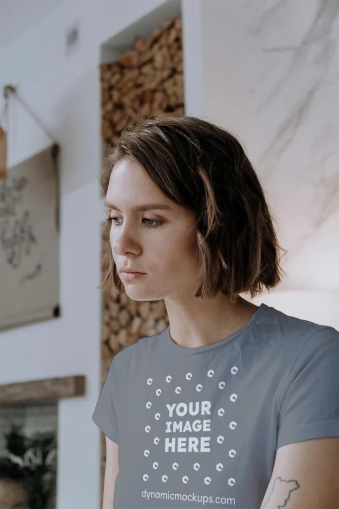 Woman Wearing Gray T-shirt Mockup Front View Template