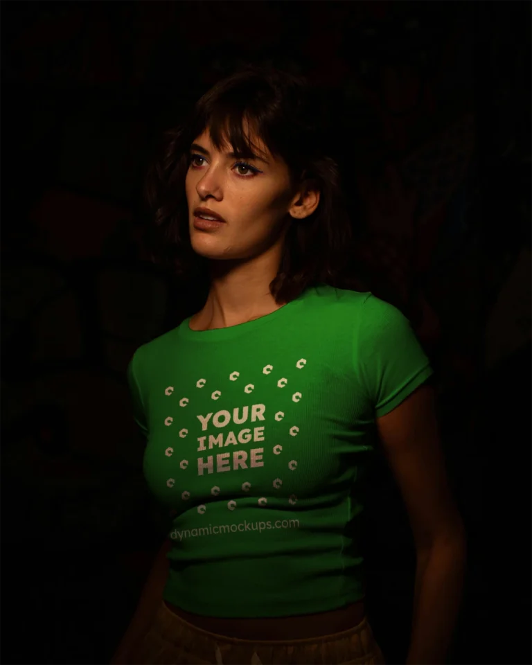 Woman Wearing Green T-shirt Mockup Front View Template