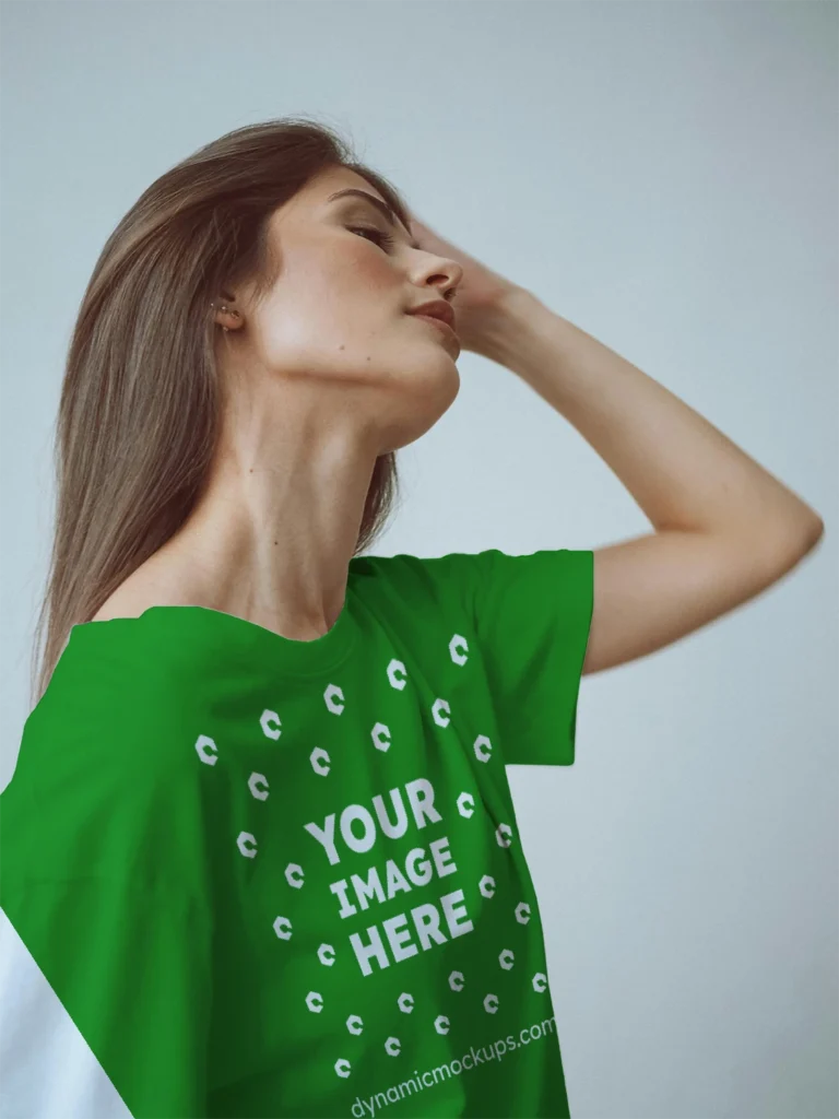 Woman Wearing Green T-shirt Mockup Front View Template