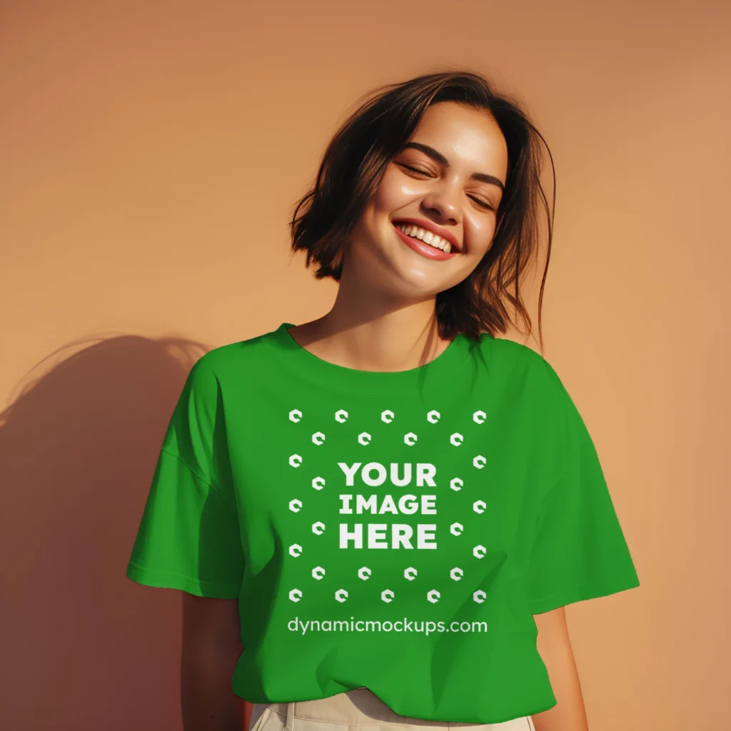 Woman Wearing Green T-shirt Mockup Front View Template