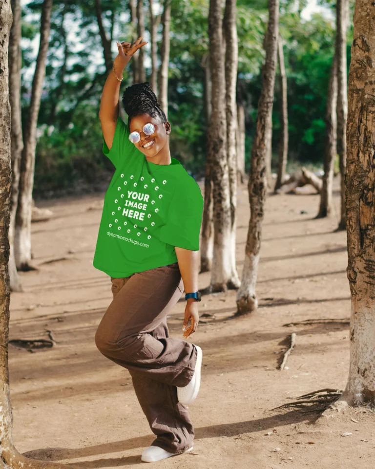 Woman Wearing Green T-shirt Mockup Front View Template