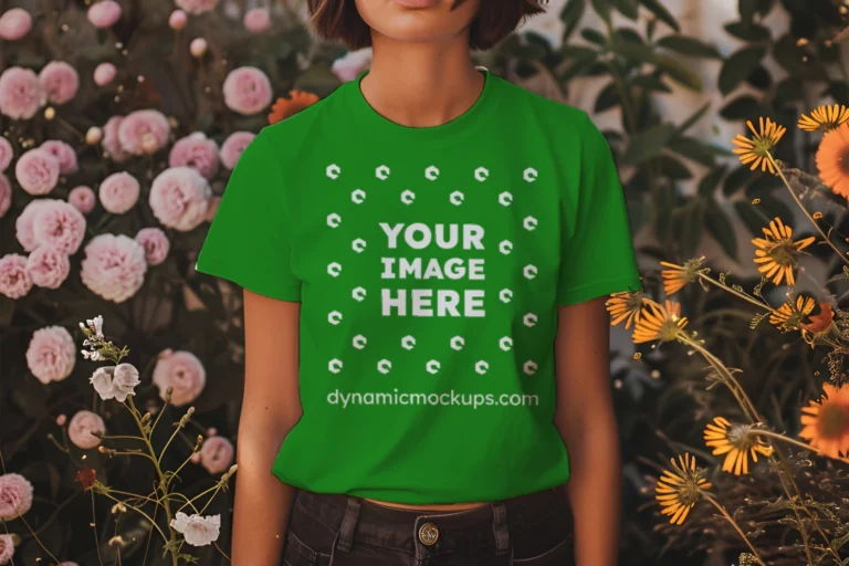 Woman Wearing Green T-shirt Mockup Front View Template