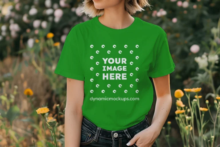 Woman Wearing Green T-shirt Mockup Front View Template