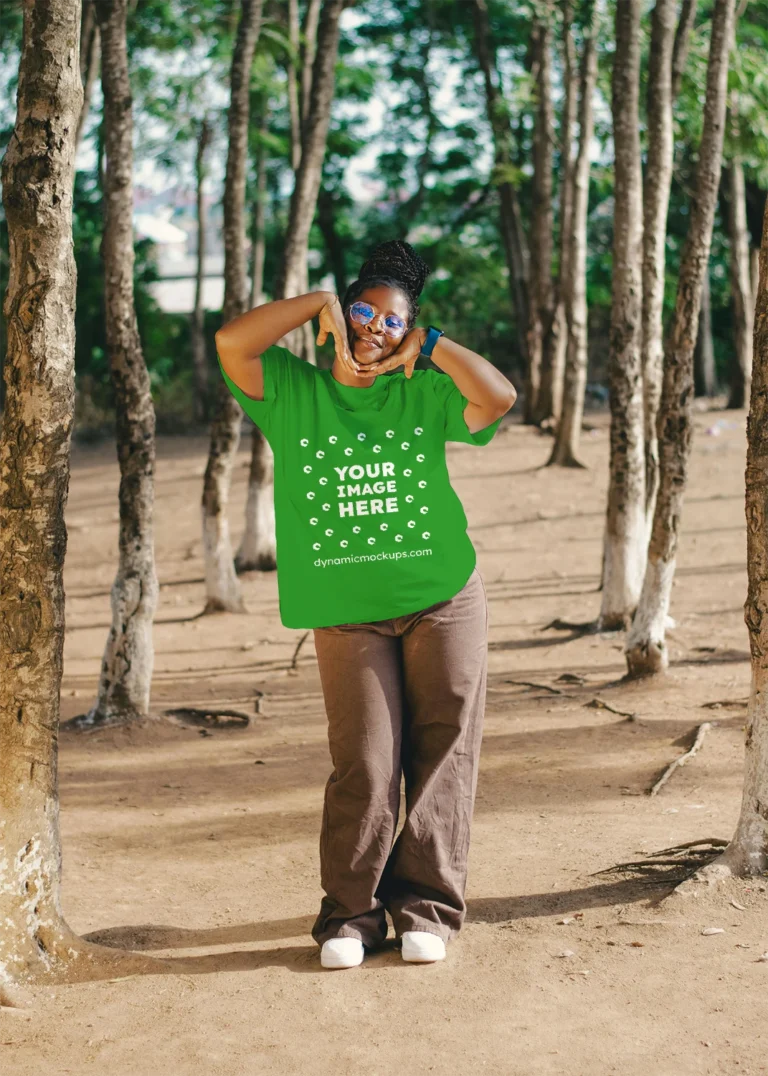 Woman Wearing Green T-shirt Mockup Front View Template