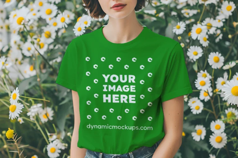 Woman Wearing Green T-shirt Mockup Front View Template