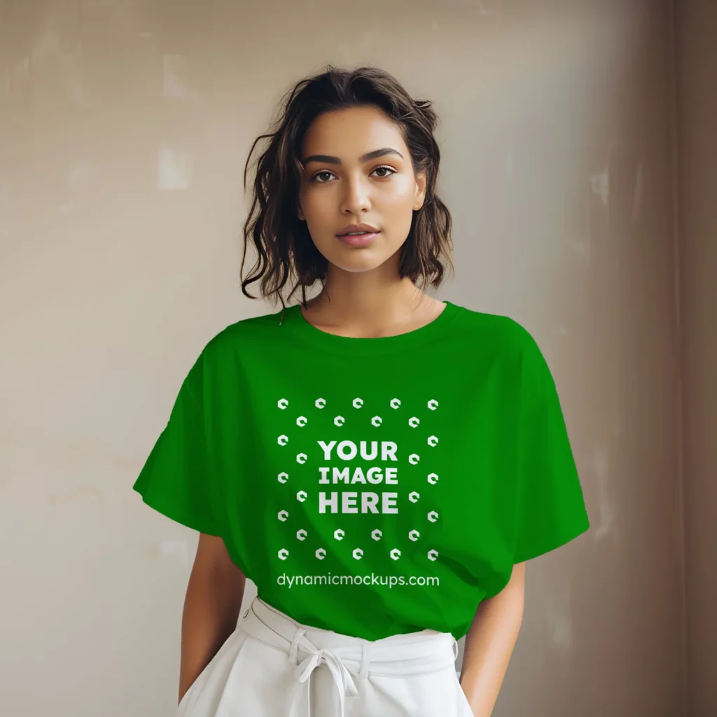 Woman Wearing Green T-shirt Mockup Front View Template