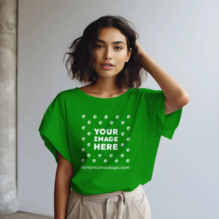 Woman Wearing Green T-shirt Mockup Front View Template