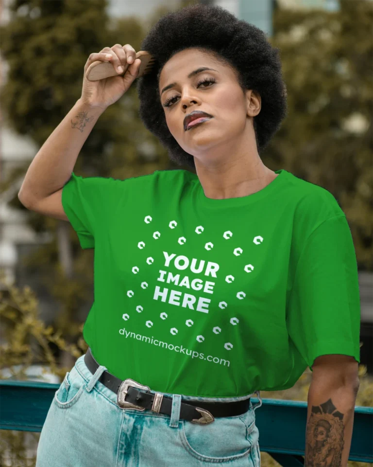 Woman Wearing Green T-shirt Mockup Front View Template