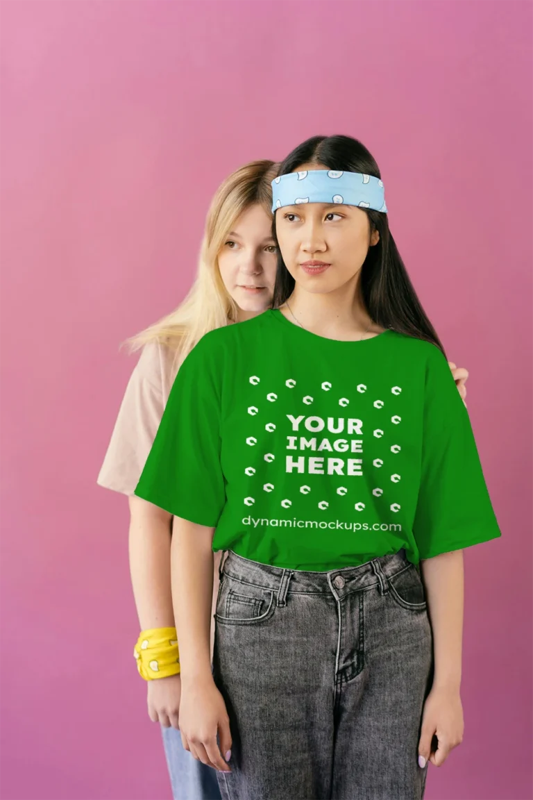 Woman Wearing Green T-shirt Mockup Front View Template