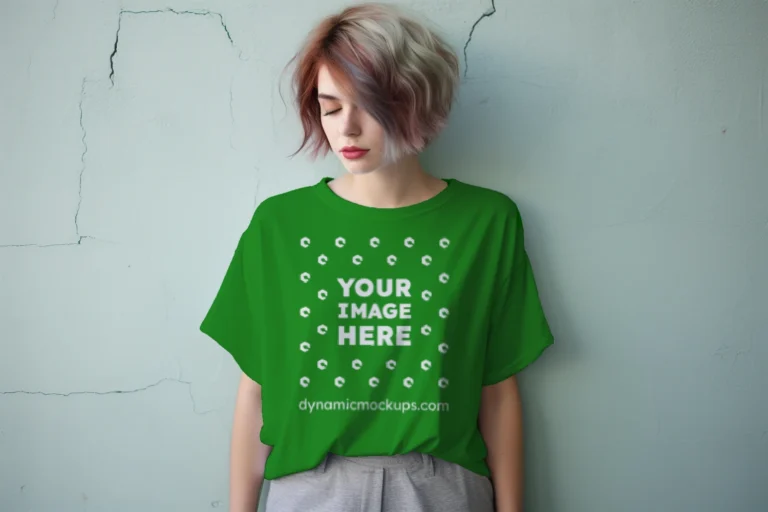 Woman Wearing Green T-shirt Mockup Front View Template