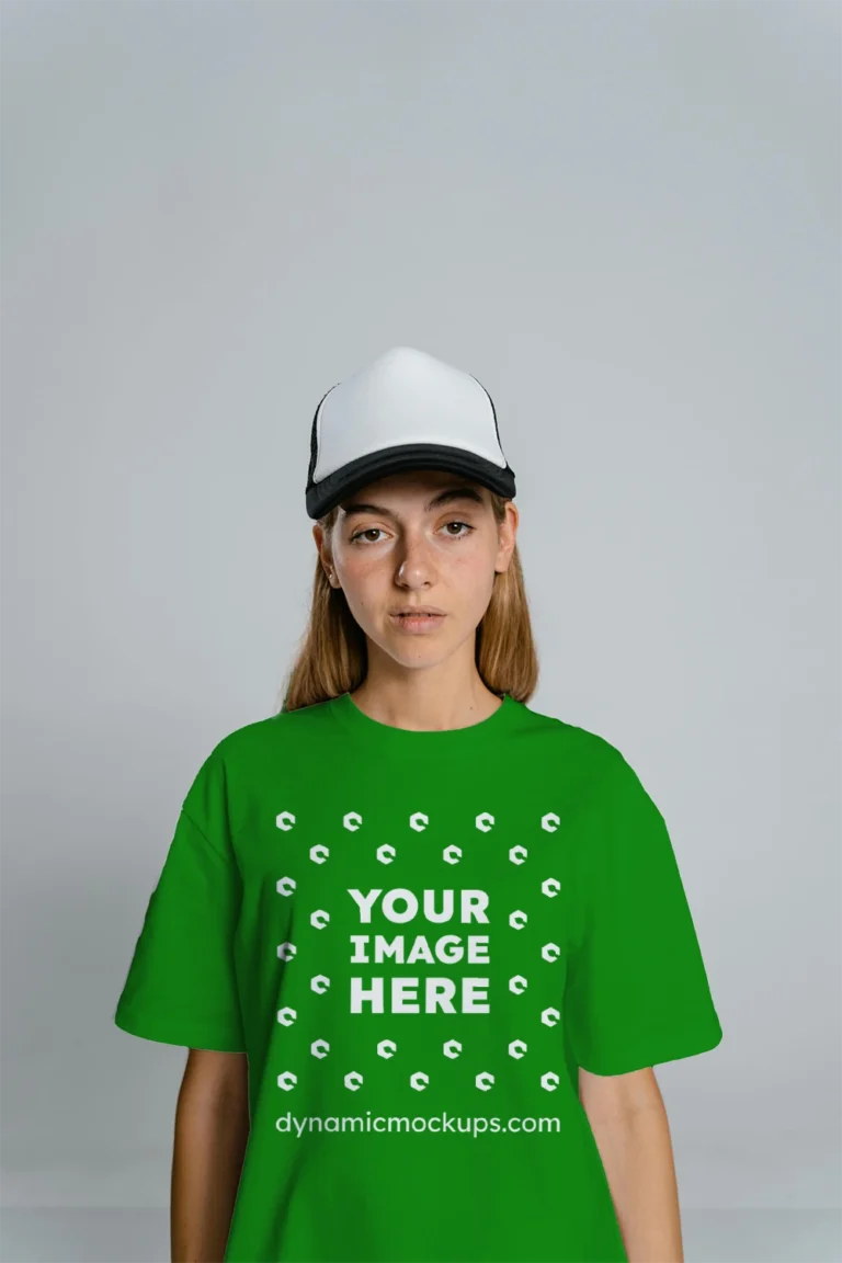 Woman Wearing Green T-shirt Mockup Front View Template