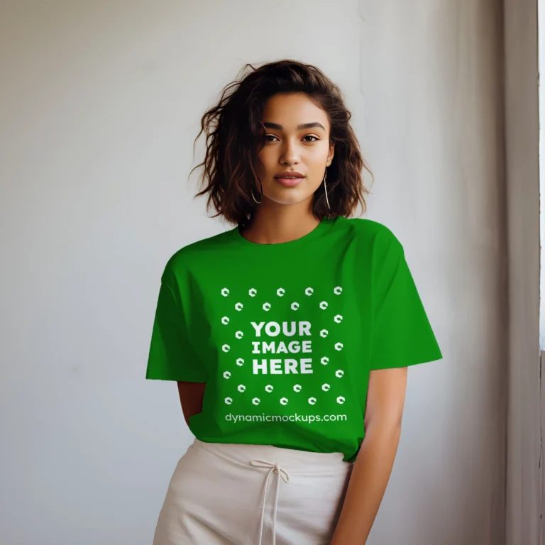 Woman Wearing Green T-shirt Mockup Front View Template