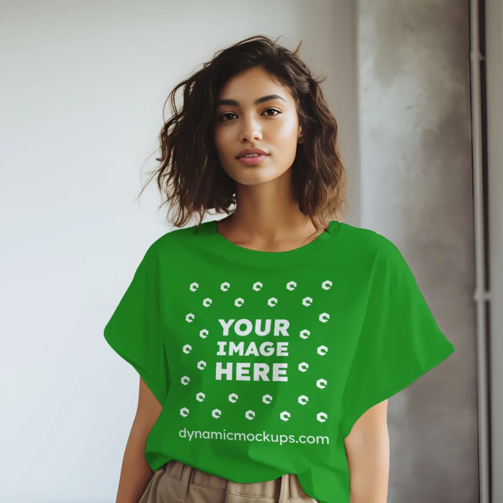 Woman Wearing Green T-shirt Mockup Front View Template