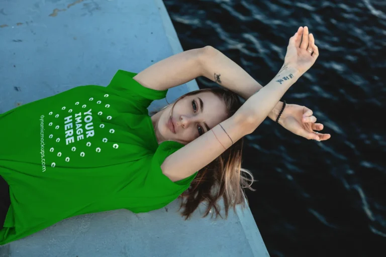 Woman Wearing Green T-shirt Mockup Front View Template