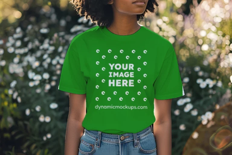 Woman Wearing Green T-shirt Mockup Front View Template